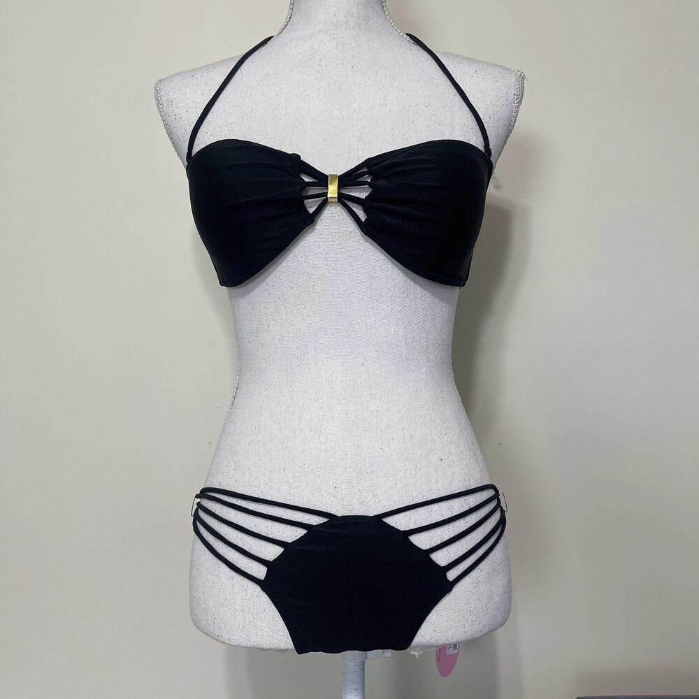 Anemone USA Bikini Strappy Lines Sexy 2-Piece Swimsuit Gold Accent BLACK MEDIUM